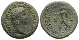 Nero (54-68). Æ Dupondius (28mm, 14.07g, 6h). Rome, c. AD 64. Radiate head r. R/ Victory flying l., holding wreath and palm frond; II (mark of value) ...
