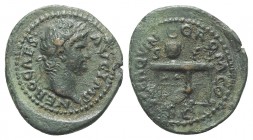 Nero (54-68). Æ Semis (21mm, 3.79g, 6h). Rome, c. AD 64. Laureate head r. R/ Table seen from front, bearing urn and wreath; round shield resting again...