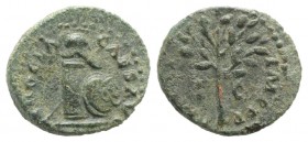 Nero (54-68). Æ Quadrans (15mm, 1.66g, 6h). Rome, AD 65. Helmet on column; shield r., spear behind. R/ Branch between S C. RIC I 317. Green patina, Go...