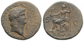 Nero (54-68). Æ Sestertius (34mm, 27.18g, 6h). Rome, AD 66. Laureate head r. R/ Roma seated l. on cuirass, holding Victory and parazonium; shields beh...