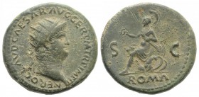 Nero (54-68). Æ Dupondius (28mm, 13.82g, 6h). Rome, c. AD 66. Radiate head r. R/ Roma seated l. on cuirass, holding wreath and parazonium; three round...