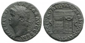Nero (54-68). Æ As (26mm, 10.71g, 6h). Rome, AD 66. Laureate head l. R/ Temple of Janus with latticed windows and garland hung across closed doors. RI...