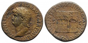 Nero (54-68). Æ Sestertius (35mm, 25.01g, 6h). Lugdunum, c. AD 65. Laureate head l. R/ Temple of Janus with latticed windows to l. and closed double d...
