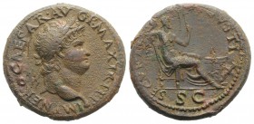 Nero (54-68). Æ Dupondius (30mm, 13.83g, 6h). Lugdunum, c. AD 66. Laureate head r., globe at point of bust. R/ Securitas seated r., resting elbow on b...