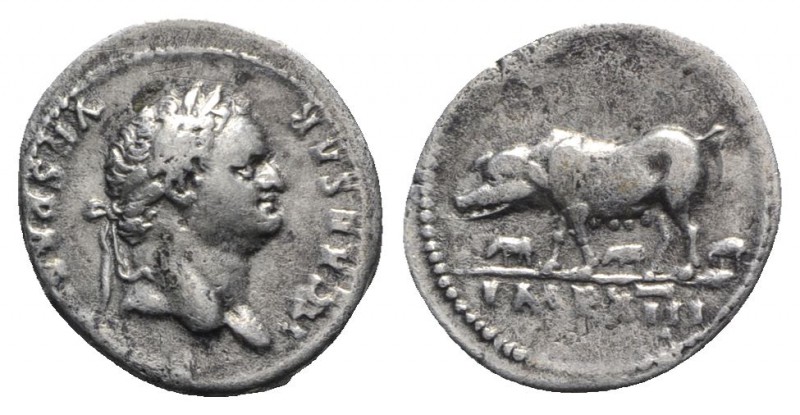 Titus (Caesar, 69-79). AR Denarius (18mm, 3.29g, 6h). Rome, 77-8. Laureate head ...