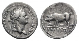 Titus (Caesar, 69-79). AR Denarius (18mm, 3.29g, 6h). Rome, 77-8. Laureate head r. R/ Sow advancing l. with three piglets. RIC II 986 (Vespasian); RSC...