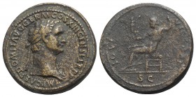 Domitian (81-96). Æ Sestertius (35mm, 33.87g, 6h). Rome, AD 87. Laureate bust r., wearing aegis. R/ Jupiter seated l., holding Victory and sceptre. RI...