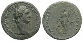 Domitian (81-96). Æ As (29mm, 10.88g, 6h). Rome, AD 87. Laureate head r. R/ Fortuna standing l., holding rudder and cornucopia. RIC II 544. Green pati...
