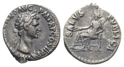 Nerva (96-98). AR Denarius (18mm, 3.28g, 6h). Rome, AD 96. Laureate head r. R/ Salus seated l., holding grain ears. RIC II 9; RSC 132. Toned, minor po...
