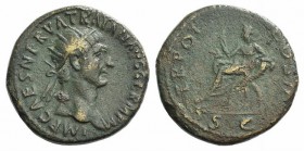 Trajan (98-117). Æ Dupondius (27mm, 14.75g, 6h). Rome, 98-9. Radiate head r. R/ Abundantia seated l. on a chair formed of two cornucopias, holding sce...