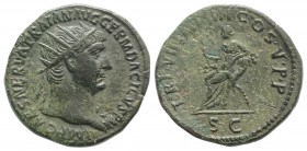 Trajan (98-117). Æ Dupondius (28mm, 13.28g, 6h). Rome, AD 103. Radiate head r. R/ Abundantia seated l. on a chair formed of two cornucopias, holding s...