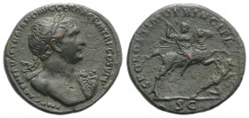 Trajan (98-117). Æ As (28mm, 11.17g, 6h). Rome, c. 103-111. Laureate bust r., wearing aegis. R/ Trajan riding r. on rearing horse, spearing Dacian fal...
