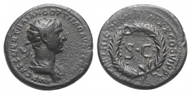 Trajan (98-117). Æ Semis (19mm, 4.37g, 6h). Rome for circulation in Syria, AD 116. Radiate and draped bust r. R/ Large S•C within oak wreath. RIC II 6...