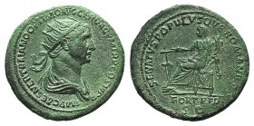 Trajan (98-117). Æ Dupondius (29mm, 14.09g, 6h). Rome, 114-6. Radiate and draped bust r. R/ Fortuna seated l., holding rudder set on ground and cornuc...