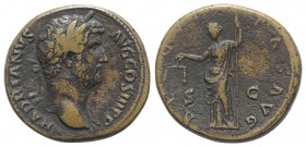 Hadrian (117-138). Æ Sestertius (31mm, 25.98g, 6h). Rome, c. 134-8. Laureate head r. R/ Aequitas standing l., holding scales and pertica. RIC II 743. ...