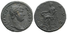 Hadrian (117-138). Æ Sestertius (31mm, 26.38g, 6h). Rome, 134-8. Laureate head r. R/ Pax seated l., holding branch and sceptre. RIC II 770. Good Fine
