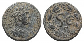Hadrian (117-138). Seleucis and Pieria, Antioch. Æ (19mm, 5.95g, 12h). Laureate, draped and cuirassed bust r. R/ Large SC; Γ below; all within laurel ...