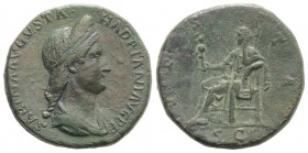 Sabina (Augusta, 128-136/7). Æ Sestertius (31mm, 25.70g, 6h). Rome, 128-134. Draped bust r., wearing stephane. R/ Vesta seated l., holding palladium a...
