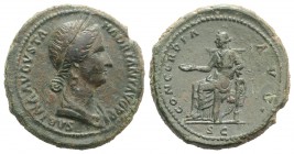 Sabina (Augusta, 128-136/7). Æ As (27mm, 10.60g, 5h). Rome. Draped bust r., wearing wreath of corn ears. R/ Concordia seated l., holding patera and re...