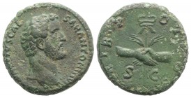 Antoninus Pius (Caesar, AD 138). Æ As (25mm, 11.75g, 12h). Rome, AD 138. Bare head r. R/ Clasped hands holding caduceus and grain ears. RIC II 1088a (...