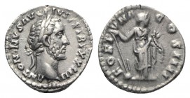 Antoninus Pius (138-161). AR Denarius (17mm, 3.31g, 6h). Rome, 160-1. Laureate head r. R/ Fortuna standing facing, head r., holding rudder and cornuco...