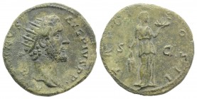 Antoninus Pius (138-161). Æ Dupondius (27mm, 13.31g, 6h). Rome, AD 139. Radiate head r. R/ Fides standing r., holding grain ears and tray of fruit. RI...