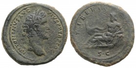Antoninus Pius (138-161). Æ Sestertius (38mm, 33.09g, 12h). Rome, c. 141-3. Laureate head r. R/ Tiber reclining l. on overturned urn from which water ...