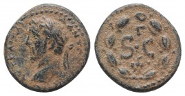 Antoninus Pius (138-161). Seleucis and Pieria, Antioch. Æ (18mm, 3.44g, 12h). Laureate head l. R/ Large SC; Γ above, eagle below; all within wreath. M...