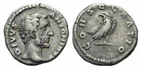 Divus Antoninus Pius (died AD 161). AR Denarius (18mm, 3.40g, 6h). Consecration issue. Romes, AD 161. Bare head r. R/ Eagle standing r., head l., with...