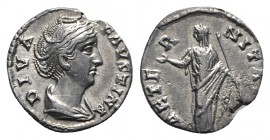 Diva Faustina Senior (died 140/1). AR Denarius (16mm, 3.22g, 6h). Rome, c. 146-161. Draped bust r. R/ Aeternitas (or Juno) standing l., raising hand a...