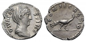 Diva Faustina Senior (died 140/1). AR Denarius (18mm, 3.08g, 5h). Rome, c. 146-161. Draped and veiled bust r. R/ Peacock standing r., head l. RIC III ...