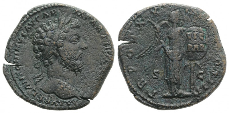 Marcus Aurelius (161-180). Æ Sestertius (32mm, 24.20g, 6h). Rome, AD 166. Laurea...