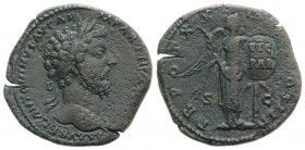 Marcus Aurelius (161-180). Æ Sestertius (32mm, 24.20g, 6h). Rome, AD 166. Laureate head r. R/ Victory standing facing, head r., holding palm frond and...