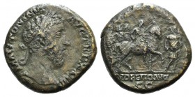 Marcus Aurelius (161-180). Æ Sestertius (31mm, 23.24g, 6h). Rome, 169-170. Laureate head r. R/ Marcus on horseback r., holding spear, preceded by sold...