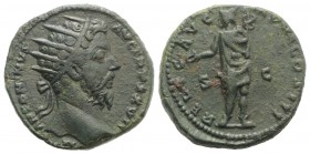 Marcus Aurelius (161-180). Æ Dupondius (25mm, 11.62g, 6h). Rome, AD 173. Radiate head r. R/ Mercury standing l., holding patera and caduceus. RIC III ...