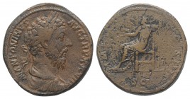Marcus Aurelius (161-180). Æ Sestertius (32mm, 26.28g, 12h). Rome, AD 174. Laureate head r. R/ Jupiter seated l., holding Victory and sceptre. RIC III...