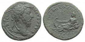 Marcus Aurelius (161-180). Æ As (26.5mm, 11.53g, 6h). Rome, AD 175. Laureate head r. R/ Tiber reclining l. on globe, resting hand on boat behind. RIC ...