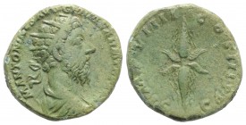 Marcus Aurelius (161-180). Æ Dupondius (24mm, 11.69g, 6h). Rome, AD 177. Radiate, draped and cuirassed bust r. R/ Winged thunderbolt. RIC III 1219. Gr...