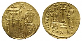 Constans II and Constantine IV (641-668). AV Solidus (19mm, 4.49g, 6h). Constantinople, 654-659. Crowned and draped facing busts of Constans and Const...