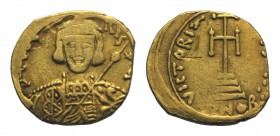 Tiberius III (698-705). AV Solidus (17mm, 3.93g, 6h). Syracuse. Crowned and cuirassed facing bust, with short beard, holding spear and shield. R/ Cros...