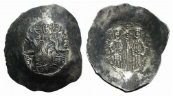 Alexius III (1195-1203). EL Aspron Trachy (32mm, 4.79g, 6h). Constantinople, 1197-1203. Christ Pantokrator enthroned facing. R/ Alexius and St. Consta...