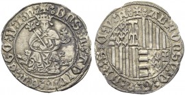 Italy, L'Aquila. Alfonso I d'Aragona (1442-1458). AR Carlino (27mm, 3.51g). King seated facing on lion throne, holding sceptre and globus cruciger. R/...
