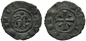 Italy, Brindisi. Manfredi (1258-1266). BI Denaro (14mm, 0.65g, 6h). Monogram AP. R/ Cross. Spahr 195. VF