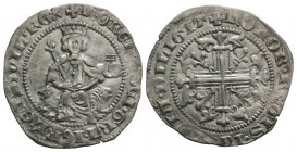 Italy, Napoli. Roberto I d'Angiò (1309-1343). AR Gigliato (28mm, 3.96g, 3h). King seated facing on lion throne, holding sceptre and globus cruciger. R...