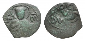 Italy, Salerno. Ruggero Borsa (1085-1111). Æ Follaro (23mm, 3.15g, 1h). Facing bust of S. Matteo. R/ ROGE / RIV / DVX in three lines. Cappelli 63-4; B...