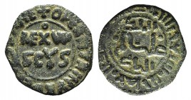 Italy, Sicily, Messina. Guglielmo II (1166-1189). Æ Half Follaro (15mm, 1.73g, 12h). REX W SCUS. R/ Kufic legend. Spahr 119; MIR 38. Green patina, Goo...
