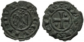 Italy, Sicily, Messina. Corrado II (1254-1258). BI Denaro (15mm, 0.62g, 9h). Eagle, head r. R/ Cross; two pellets. Spahr 166. Good VF