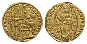 Italy, Venezia. Michele Steno (1400-1413). AV Ducato (20mm, 3.51g, 6h). San Marco standing r. and Doge kneeling l., holding banner between them. R/ Ch...