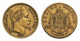 France, Napoléon III (1852-1870). AV 20 Francs 1863, Paris (21mm, 6.47g, 6h). KM 801.1; Gad. 1062. VF