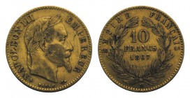 France, Napoléon III (1852-1870). AV 10 Francs 1867, Strasbourg (19mm, 3.22g, 6h). Gad. 1015. Graffiti on rev., VF